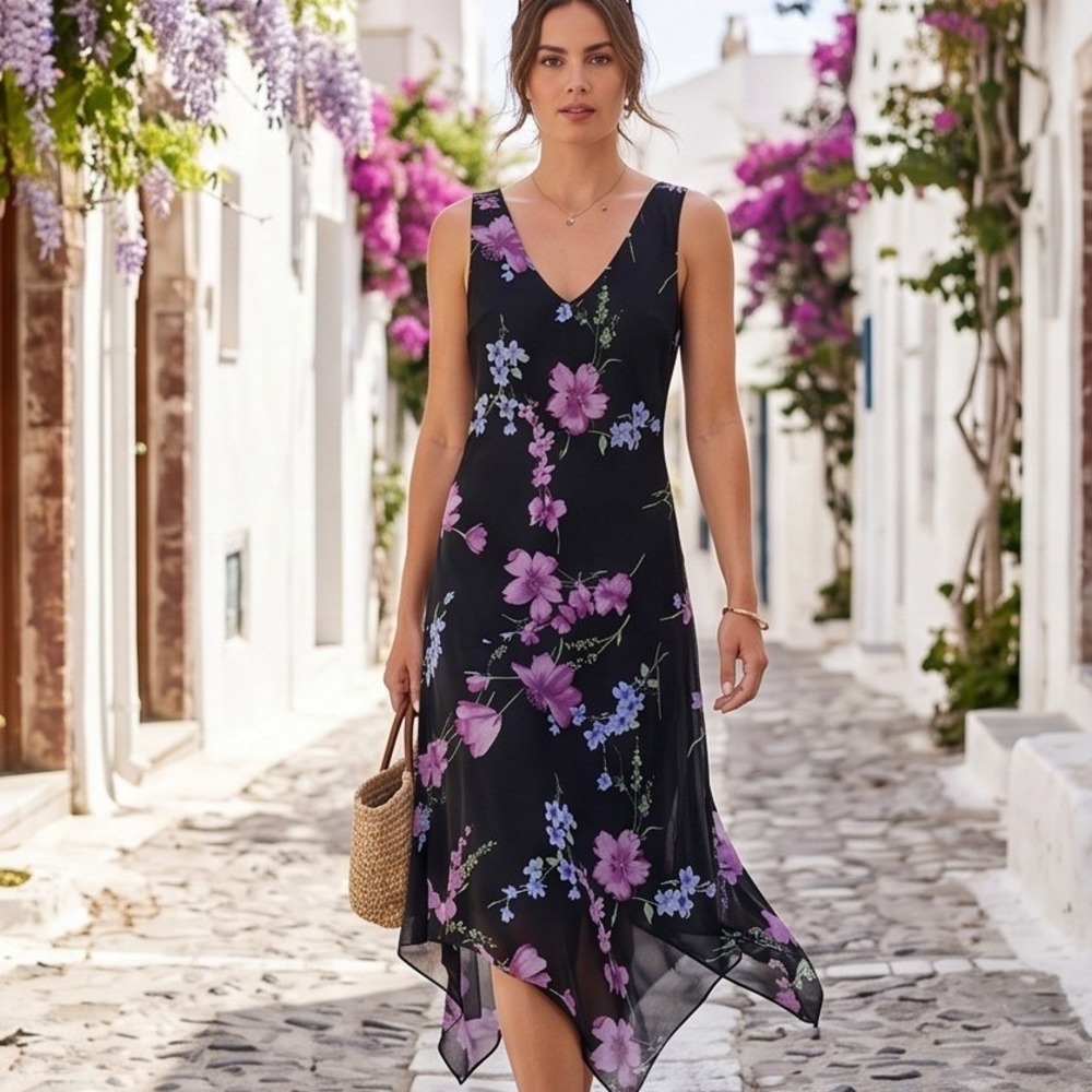 Connected‎ Apparel 14 Black Floral Sleeveless Handkerchief Hem Midi Dress Flirty